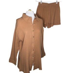NWOT March 3rd Clothing 2 Piece Pumpkin Button Down Tunic Short Set Size L